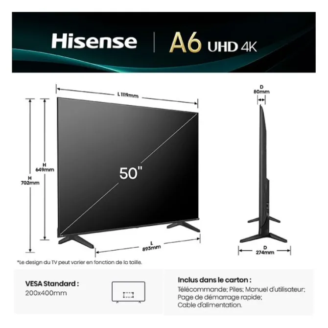TV UHD 4K 50" HISENSE 50A6Q