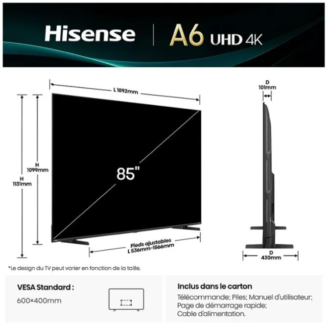 TV UHD 4K 85" HISENSE 85A6Q